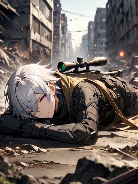 (masterpiece),(highest quality),(high resolution),(very detailed),one man,japanese,  silver hair ,whole body,break(((黒いsniper ri...