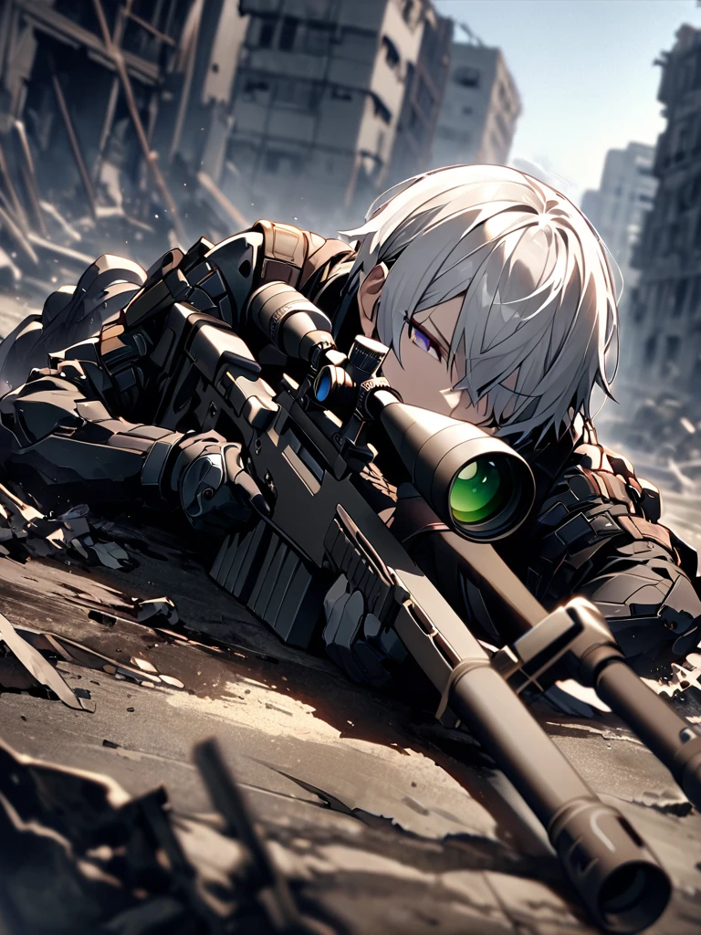 (masterpiece),(Highest quality),(High resolution),(Very detailed),One Man,Japanese,  Silver Hair ,whole body,break(((黒いsniper rifleで何かを狙う))),((Close one eye and look through the scope))(Lying down),((sniper rifle)),(The background is a destroyed city),(((Background Blur)))