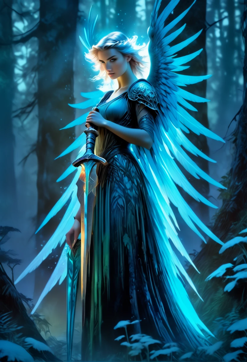 a beautiful tall female love-angel on a forest path, looking at the viewer, at twilight standing amidst ultra incredibly ultra large bio luminous ice-mushrooms, holding an ice-sword, medium shot, Ultra detailed illustration of a person lost in a magical world of wonders, glowy, translucent, transparent, bioluminescent flora, incredibly detailed, pastel colors, hand painted strokes, visible strokes, oil paint, art by Mschiffer, night, bioluminescence