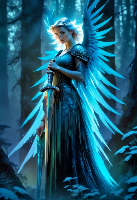 a beautiful tall female love-angel on a forest path, looking at the viewer, at twilight standing amidst ultra incredibly ultra l...