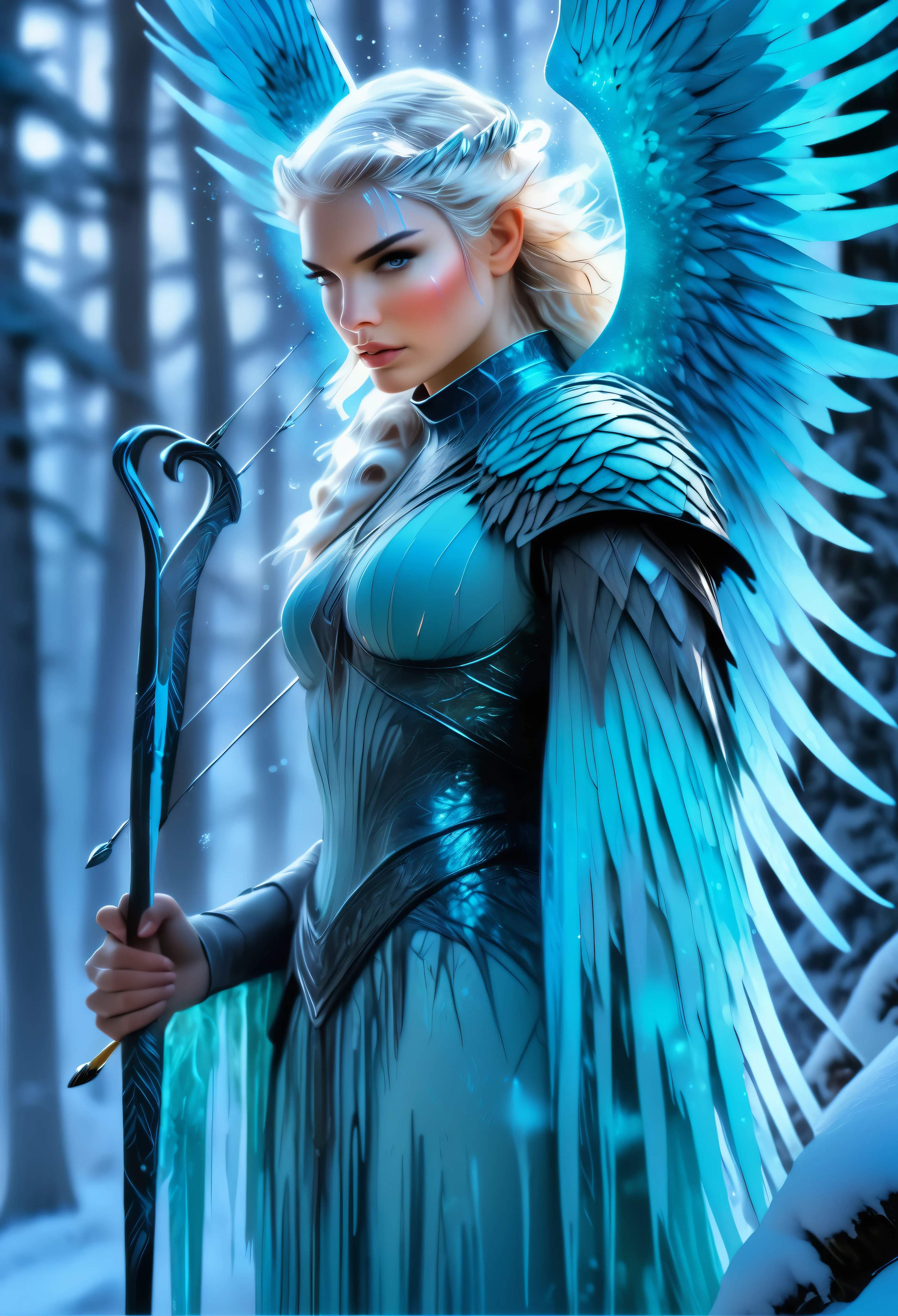 a beautiful tall female ice-angel on a forest path, looking at the viewer, at twilight standing amidst ultra incredibly ultra large bio luminous ice-mushrooms, holding a bow and arrow, medium shot, Ultra detailed illustration of a person lost in a magical world of wonders, glowy, translucent, transparent, bioluminescent flora, incredibly detailed, pastel colors, handpainted strokes, visible strokes, oil paint, art by Mschiffer, night, bioluminescence