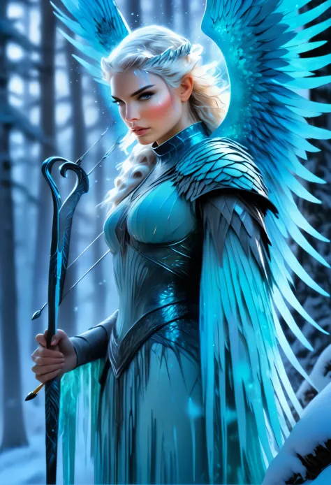 a beautiful tall female ice-angel on a forest path, looking at the viewer, at twilight standing amidst ultra incredibly ultra la...