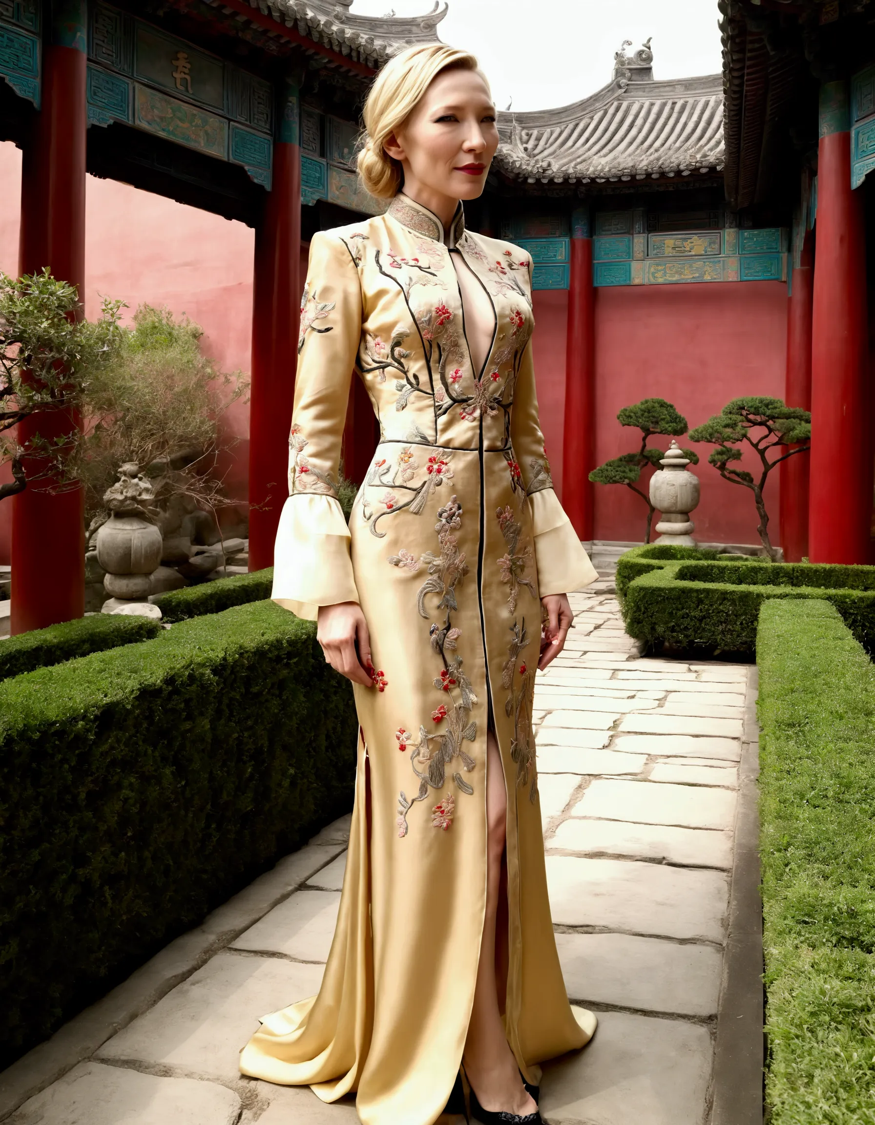 1 woman (cate blanchett, age 25, intricate silk chinese dress with lots of embroidery sheer with several large slits, no underwe...