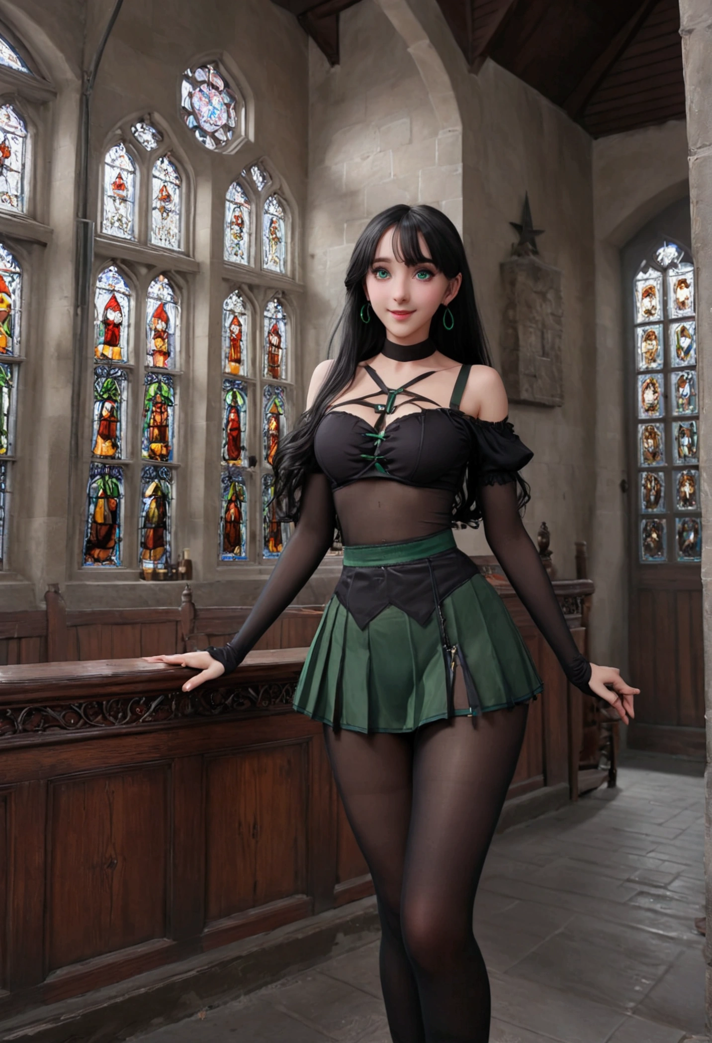 (8k、Best image quality、highest quality、masterpiece)、Detailed face、 One girl、daughter of severus snape , , 11 year old , Black Hair、Long Hair、blunt bangs、Green Eyes、Earrings、smile、Large Breasts、((witch))、((skirt lift))、((black pantyhose))、((black panties))、Cowboy Shot、((Shoot from below))、altar、Stained glass、 Hogwarts Castle Background
