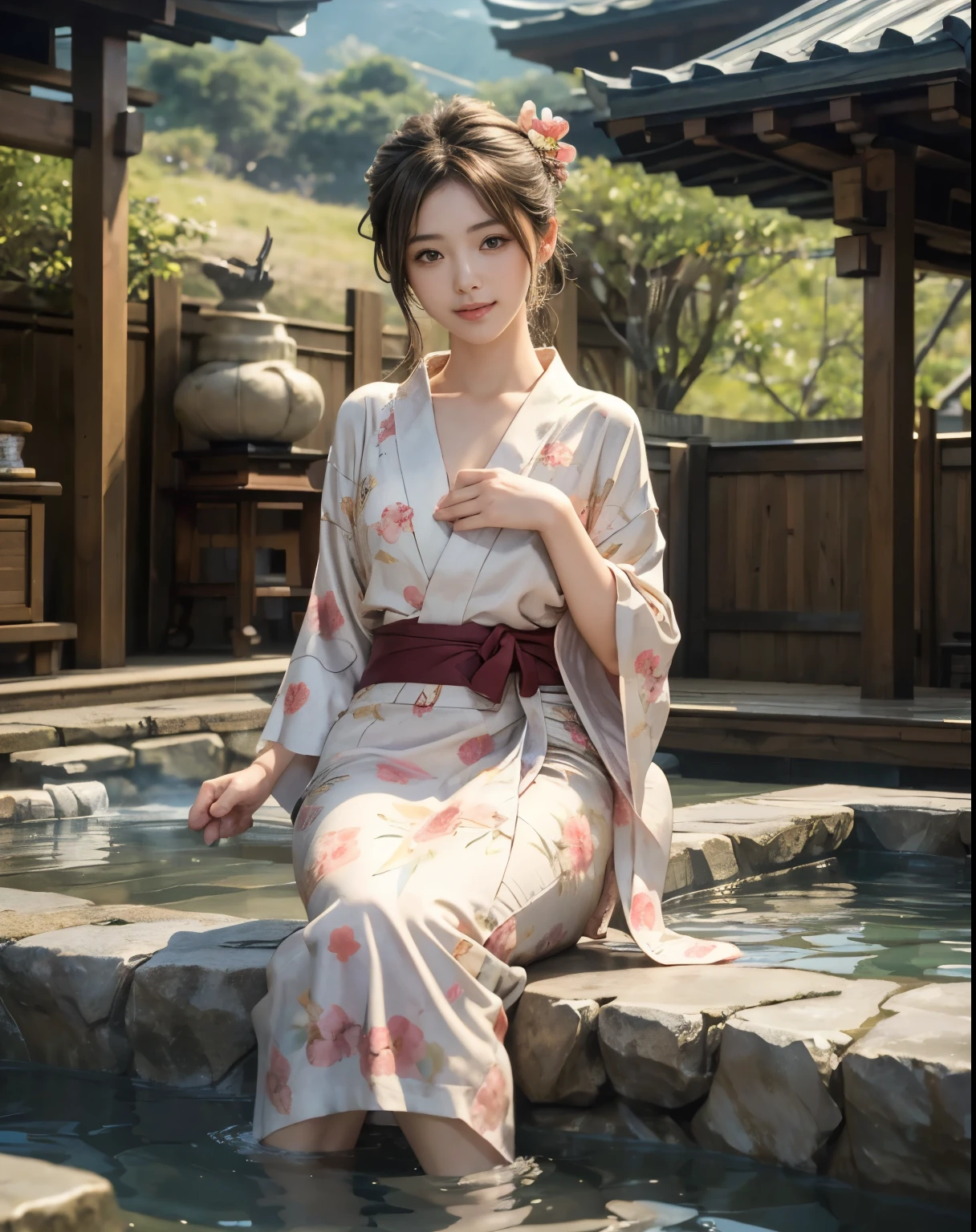 masterpiece, Highest quality, Realistic, 1 girl, Open-air hot spring, Yukata figure, I&#39;I&#39;I&#39;I&#39;My yukata got wet and became transparent., Wear a yukata and enter the hot springs, Drenched yukata, A woman wearing a yukata, Beautiful long hair, Big Ass, , Realistic beautiful legs, It&#39;I have big breasts, Sit with your legs wide apart, barefoot, Protruding nipples, My whole body was covered in foam., A well-trained body, Abdominal muscles, Professional Lighting, Glowing Skin, Full body photo including legs