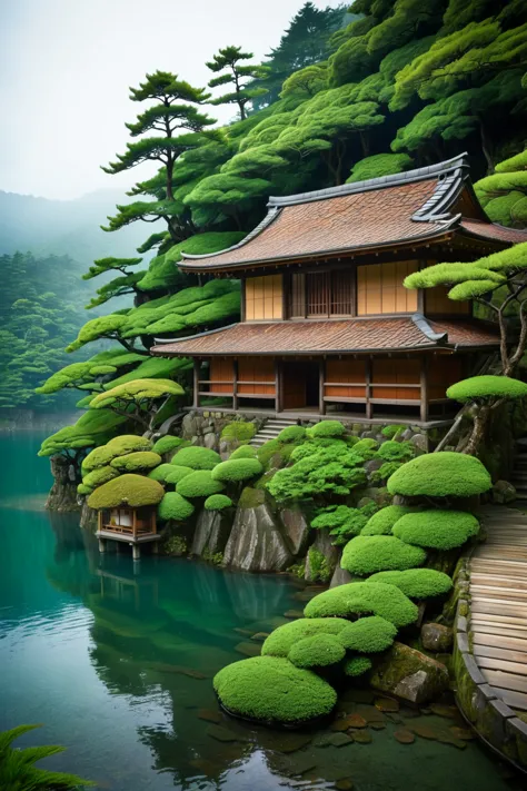 Visualize a traditional Japanese inn perched at the edge of a mystical lake, surrounded by dense, verdant mountains. The structu...