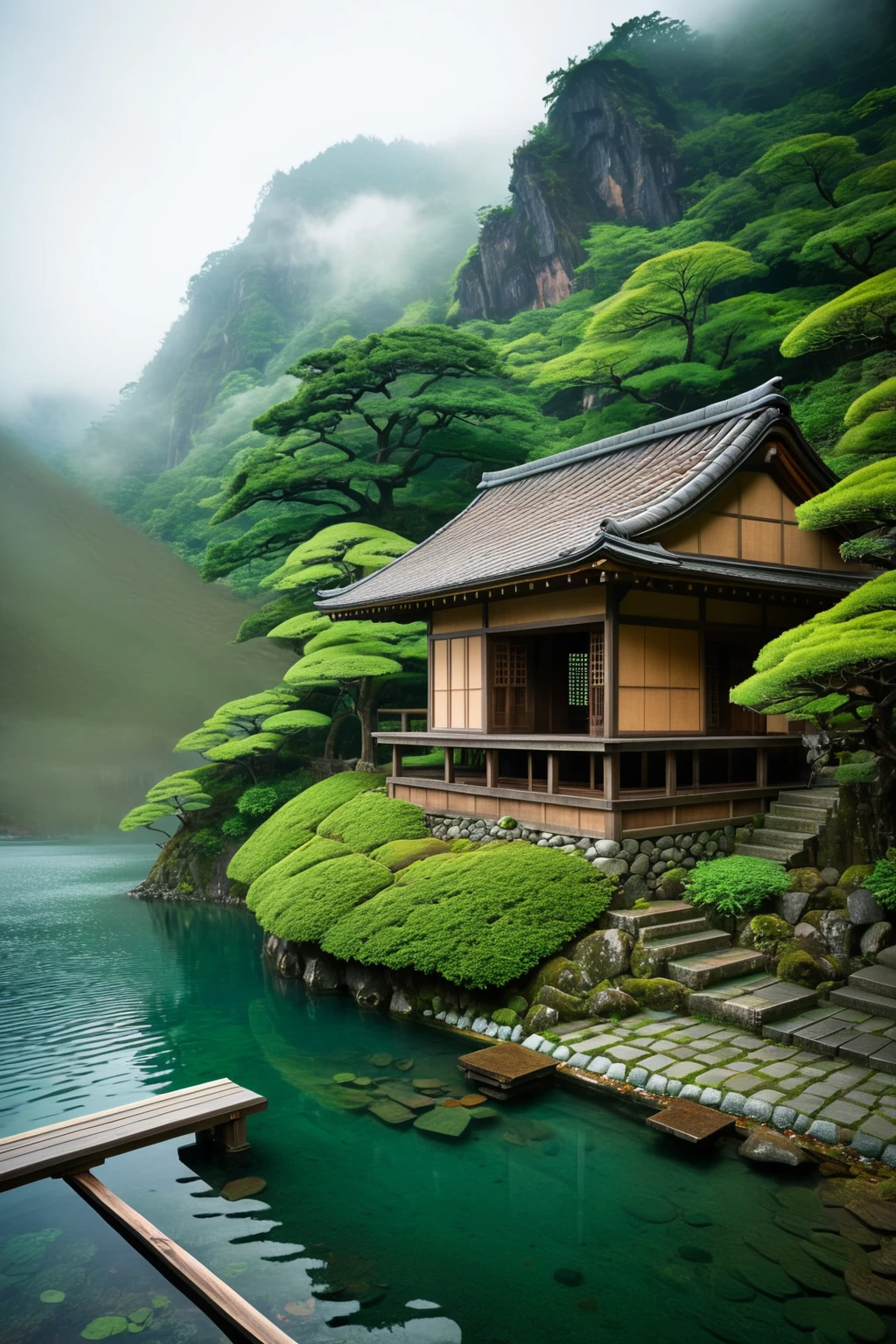 Visualize a traditional Japanese inn perched at the edge of a mystical lake, surrounded by dense, verdant mountains. The structure mimics the 'Bathhouse' from 'Spirited Away,' with its rustic wooden architecture and rust-colored tile roofing. Mysterious features like hidden doors and secret passages are woven into the design, enhancing the allure and enigma of the building, inviting exploration and wonder.
