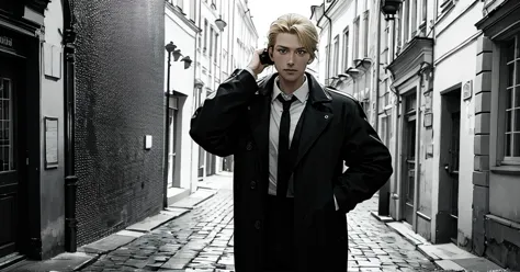 masterpiece, best quality, a secret man with blonde hair in Saint Petersburg, fujimotostyle, Monochromatic