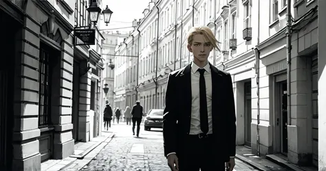 masterpiece, best quality, a secret man with blonde hair in Saint Petersburg, fujimotostyle, Monochromatic