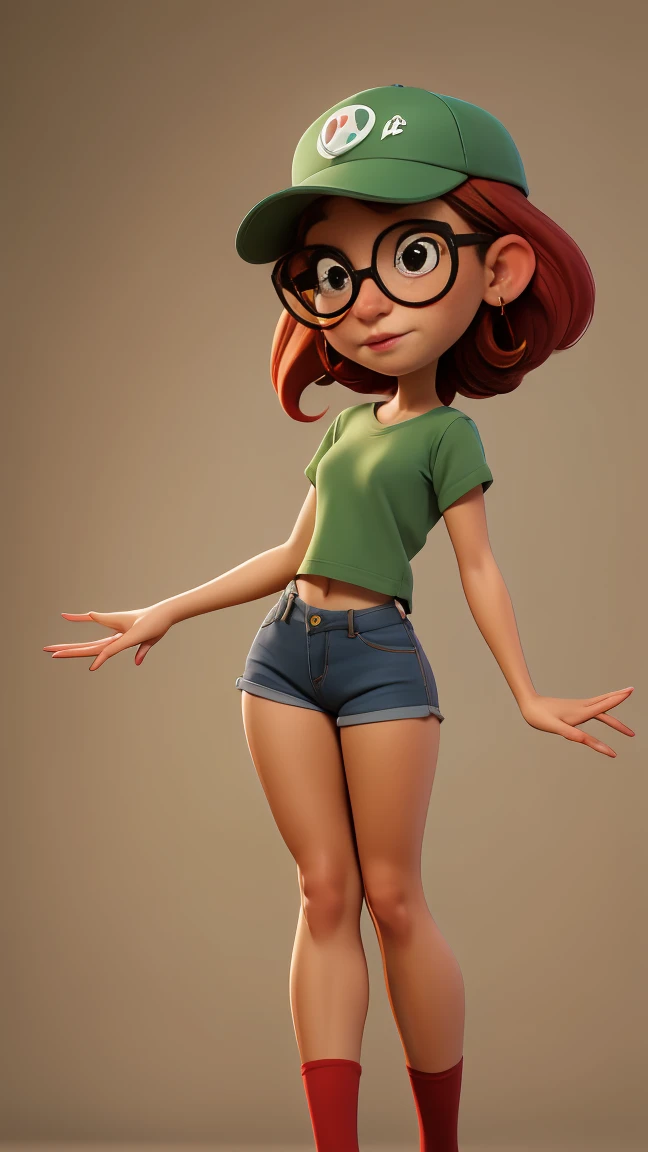 garota redheadwear stilo pixar,(redheadwear, Bullish, slenderbody, thin arms and torso, narrow shoulders, wide hip, big-ass, , big round eyes, freckles, Pointed chin, long and thin face, large nose, pretty, fly away, sexly) (vestimentas, low cut green shirt, short red shorts, big square glasses, long socks)