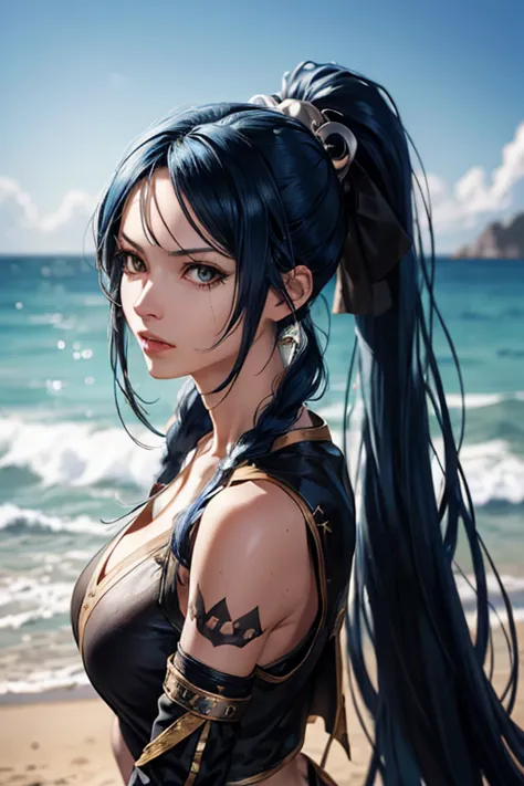 (full-length portrait),(pirate costume),a close up of a woman with a very long hair,(high ponytail), (blue color hair) ,near the...