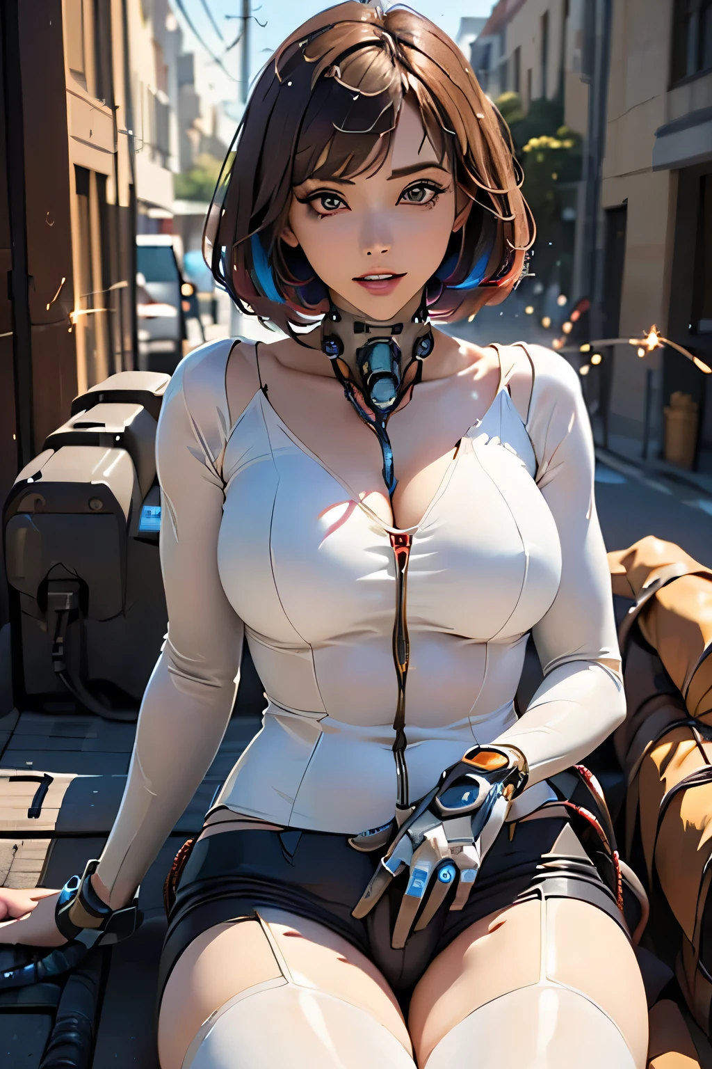 (((Sparks fly))), (((Highest quality))), ((Very detailedな)), (High-definition CG illustrations), ((Very delicate and beautiful)), Cinematic Light,((1 Mecha Woman)),alone,mature,(Ahegao),Big and ample breasts,Plump, whole body,(Machine made joints:1.2),((Mechanical marginal vessels connected to tubes),((Cervical vertebrae mechanically attached to the neck)),(((The crotch is open))),(Sitting),(wires and cables around the neck:1.2),(Overhead Wires and Cables:1.2)(Character Focus),sf,((Very detailed,colorful)),Best details