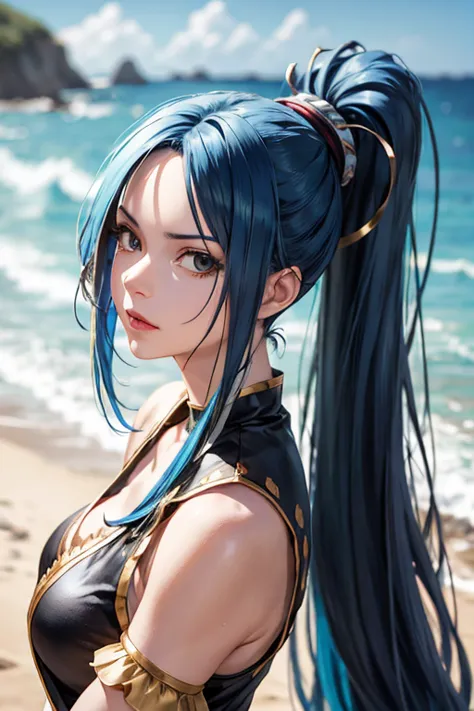 (full-length portrait),(pirate costume),a close up of a woman with a very long hair,(high ponytail), (blue color hair) ,near the...