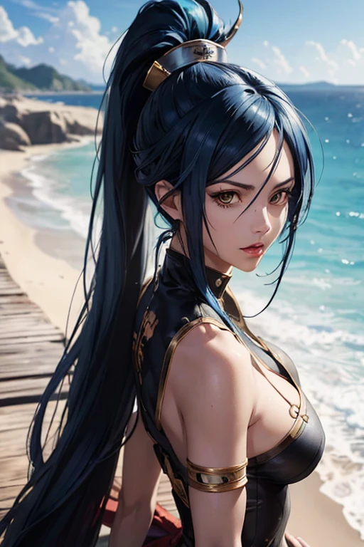 (full-length portrait),(pirate costume),a close up of a woman with a very long hair,(high ponytail), (blue color hair) ,near the ocean, detailed digital anime art, photorealistic anime girl render, extremely detailed artgerm, ig model artgerm, realistic anime 3 d style, realistic anime artstyle, artgerm. high detail, anime style 4 k, nico robin