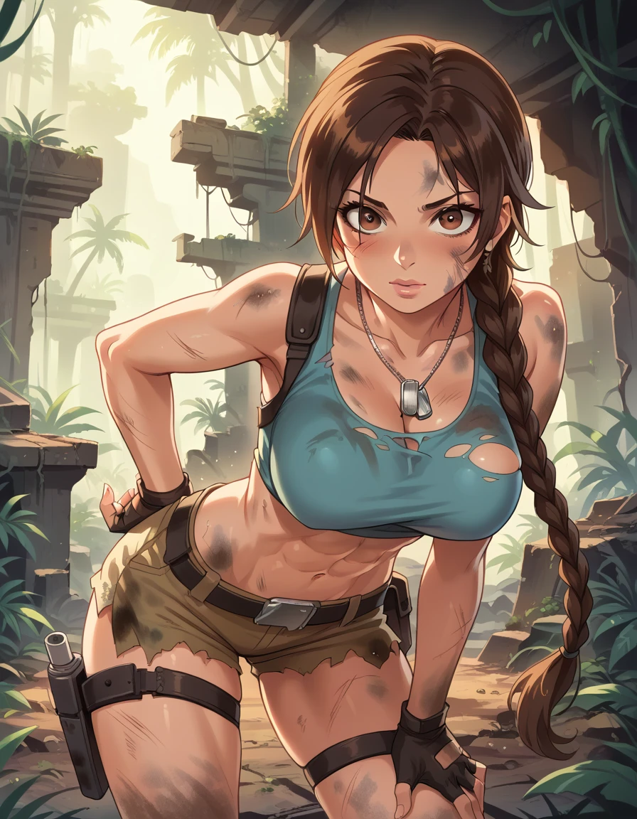 anime_source, (masterpiece), best quality, expressive eyes, perfect face, score_9, score_8_up, score_7_up, 1girl, lara croft, abs, braid, breasts, brown eyes, brown hair, holster, large breasts, lips, looking at viewer, navel, solo, thigh holster, thigh strap, toned, dog tags, fingerless gloves, crop top, tank top, post-apocalypse, ruins, jungle, tree, bluryy bacckground, outdoors, overgrown, midriff, torn clothes, dirty, dirty body, dirty clothes, bent over, blush, hetero, interracial