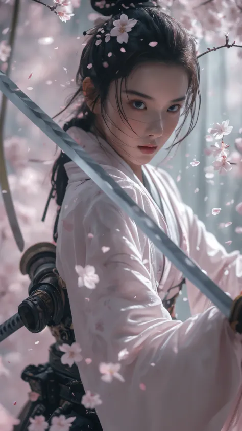 刀cherry blossoms,upper_body,one girl,arms,black hair,sword,flowerびら,cherry blossoms,long hair,chinese clothing,blurred,hair bun,...