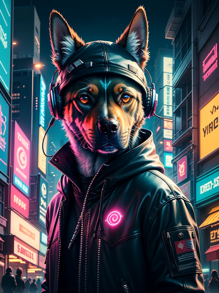 A realistic image of a dog in cyberpunk costume, glowing eye, wearing Jacket with neon lights, headphones, neon lights on headphones, portrait, cyber City background, high resolution, high quality image, ultra detailed image, sharp image, masterpiece quality, 