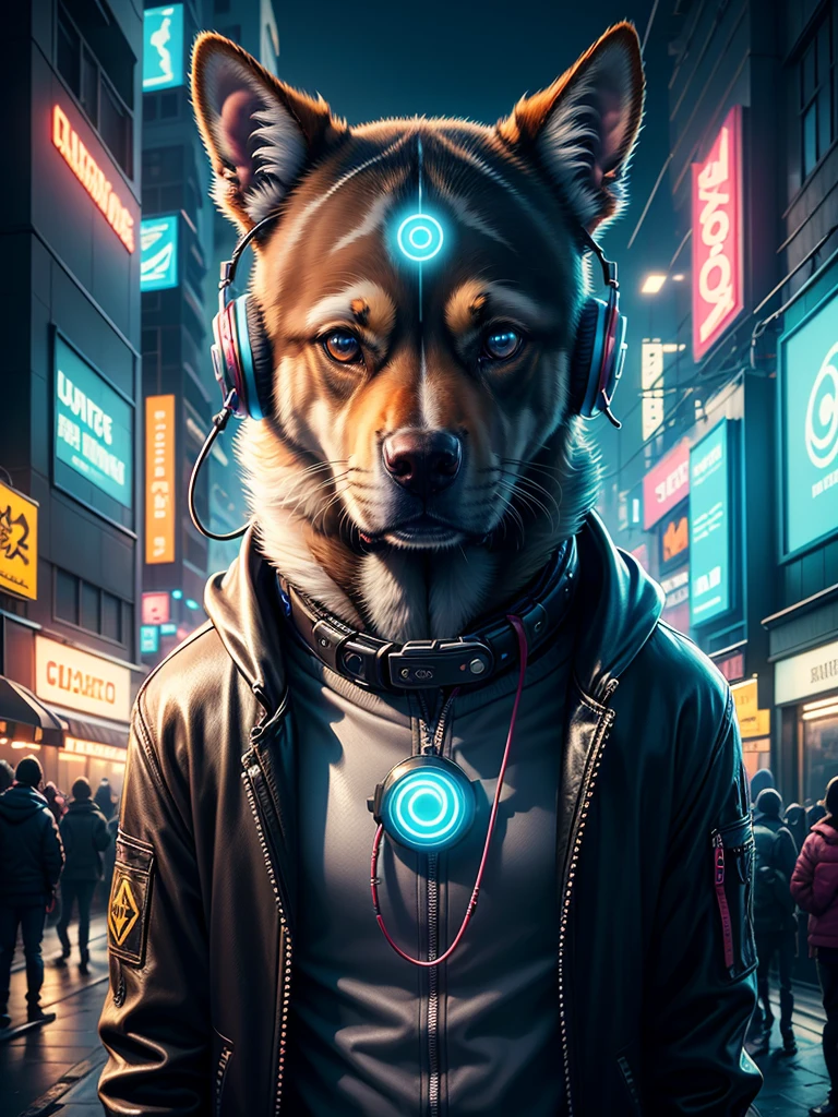 A realistic image of a dog in cyberpunk costume, glowing eye, wearing Jacket with neon lights, headphones, neon lights on headphones, portrait, cyber City background, high resolution, high quality image, ultra detailed image, sharp image, masterpiece quality, 