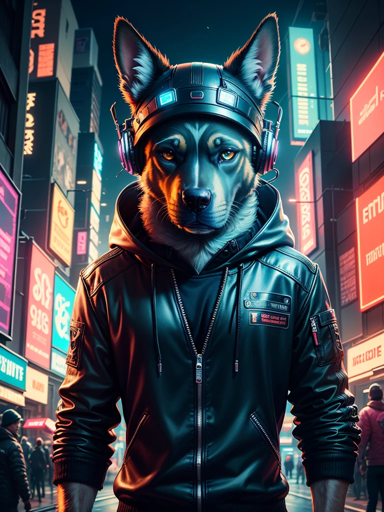 A realistic image of a dog in cyberpunk costume, glowing eye, wearing Jacket with neon lights, headphones, neon lights on headphones, portrait, cyber City background, high resolution, high quality image, ultra detailed image, sharp image, masterpiece quality, 