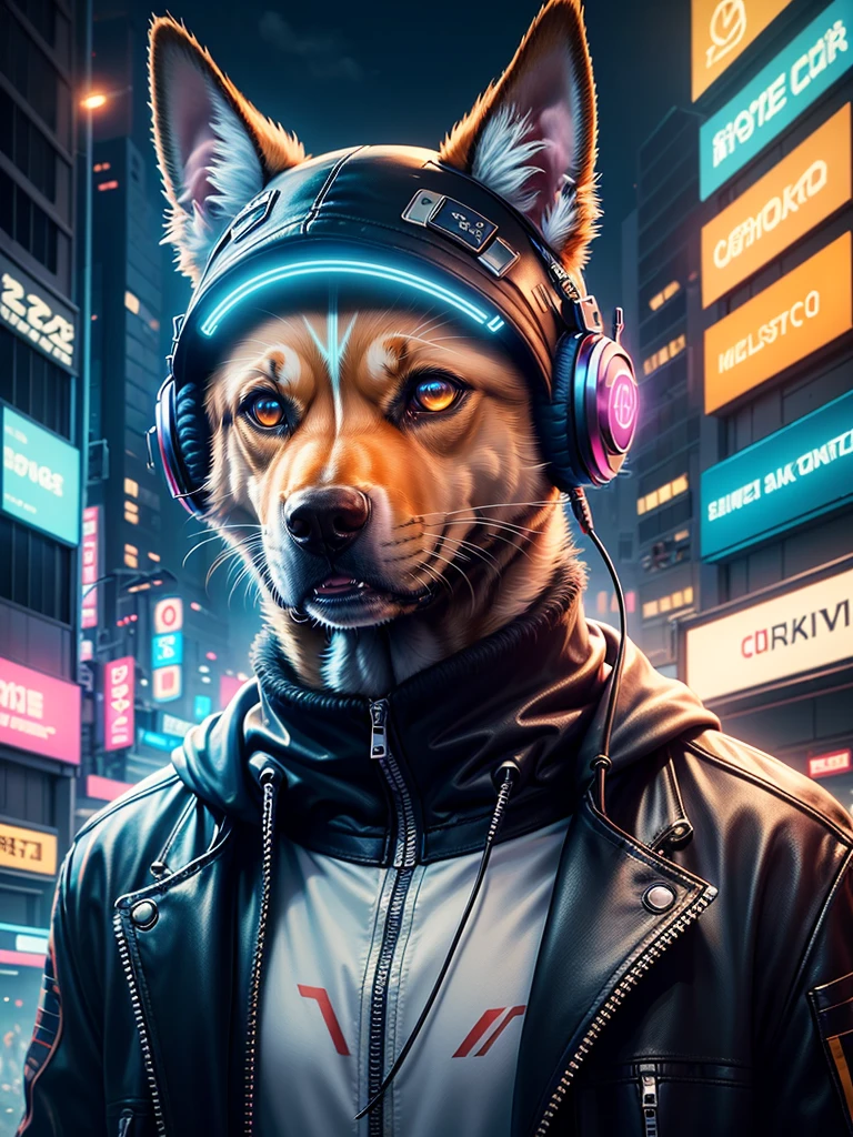 A realistic image of a dog in cyberpunk costume, glowing eye, wearing Jacket with neon lights, headphones, neon lights on headphones, portrait, cyber City background, high resolution, high quality image, ultra detailed image, sharp image, masterpiece quality, 