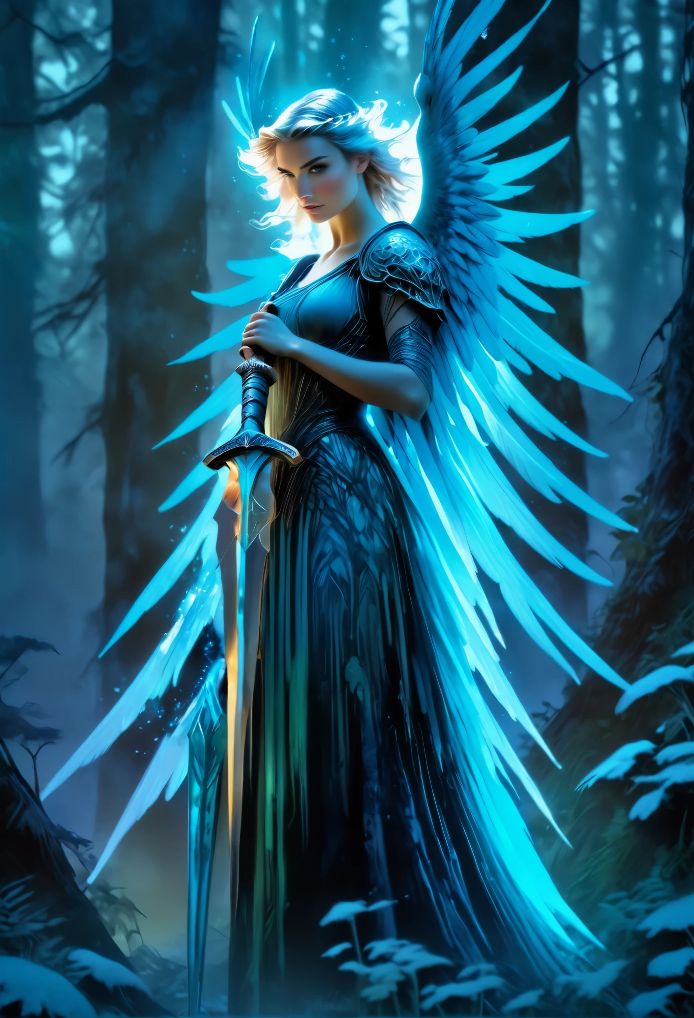 a beautiful tall female ice-angel on a forest path, looking at the viewer, huge blue-ice eyes, at twilight standing amidst ultra incredibly ultra large bio luminous ice-mushrooms, holding a bow and arrow, medium shot, Ultra detailed illustration of a person lost in a magical world of wonders, glowy, translucent, transparent, bioluminescent flora, incredibly detailed, pastel colors, handpainted strokes, visible strokes, oil paint, art by Mschiffer, night, bioluminescence