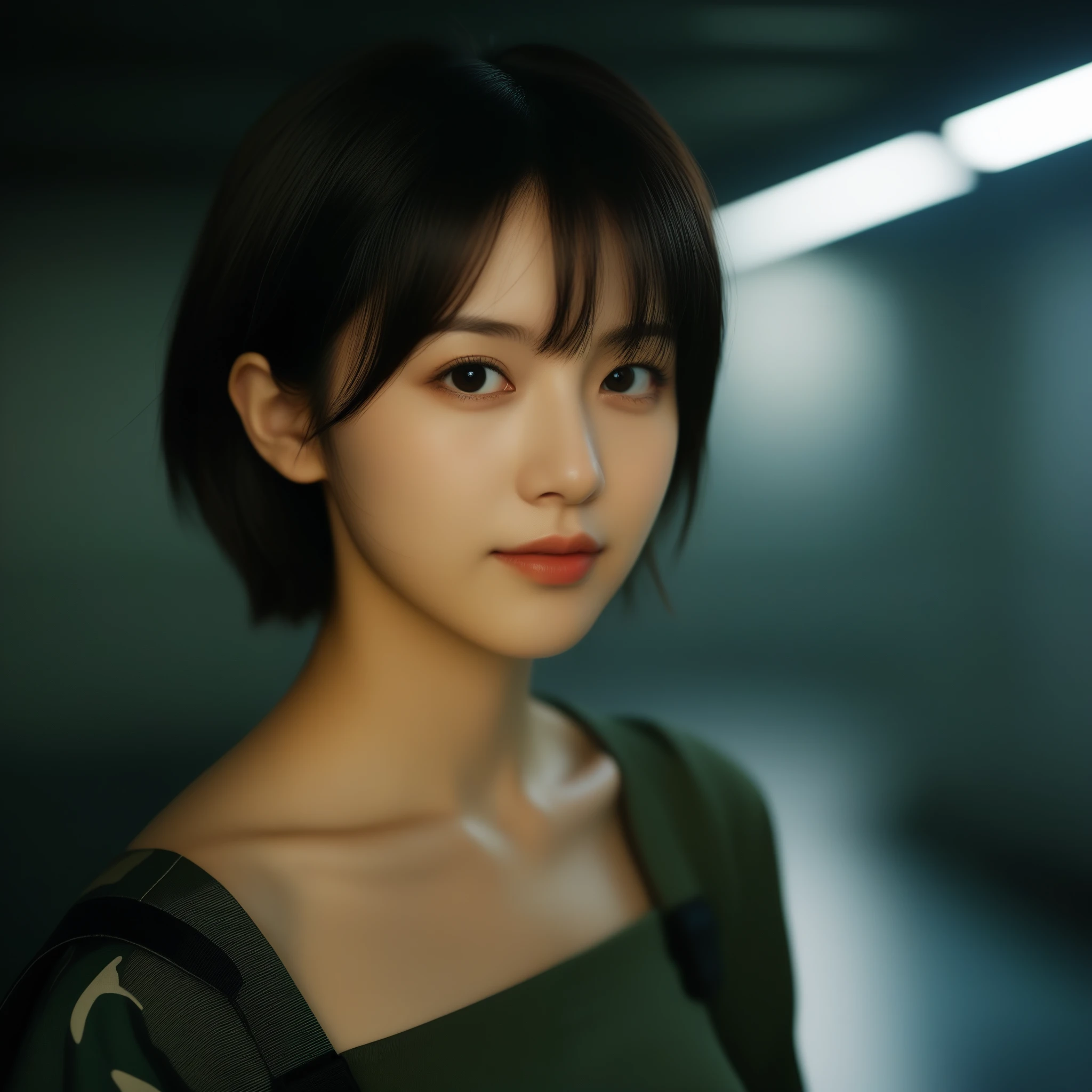 8k, Ultra-high resolution, Highest quality, masterpiece, Rule of thirds photograph,surreal, photograph, 1 Girl, (16 years old:1.3), pretty girl, Cute Face, Beautiful eyes in every detail, Detailed,masterpiece,One Girl:1.2,Japan Female Teachers,extream close up,light smile,Black short hair,Bob with bangs,The World of Metal Gear Solid,(Impressionist Portrait of a Beautiful Girl),(Impressionist light and colour), (next generation special forces:1.3),(Warrior,Camouflage,Beautiful dark eyes, So cute and beautiful,, ), (smile:0.8),Sharp contours,Looking down, (High-tech special forces), ((Nuclear aircraft carrier)),indoor, Light from above, Low contrast, (Side view),, Perfect and beautiful face ,Perfect and cute face, Skin with attention to detail, Perfect limbs、Narrow waist,Looking at the audience,(((Ideal body type))),A cup small breasts :2,Portraiture:2,Perfect Anatomy,Vividly detailed,detailed,surreal,Light and shadow,glowing