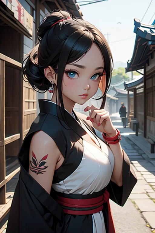 ((masterpiece, best quality, perfect eyes, perfect face, perfect anatomy, perfect lighting , ((street fighter)), ((feudal Korean village)), ((Busty Bitches)), 1girl(1 teen))) ecchi chibi girl(g string, cute face,  exotic black&green priestess robes, bracelets, tattoo of Korean characters, colourful jewellery, dark magic), (Night street in Asian village, mystical evil)