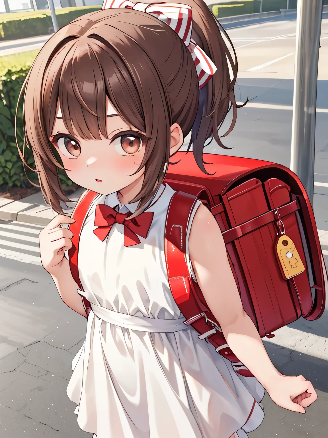 masterpiece, best quality, highres, 1girl, 8 y.o, solo, brown hair, ponytail, hair ribbon, medium hair, brown eyes, mole under eye, cowboy shot, wearing white dress, summer dress, sleeveless dress, bowtie, wearing red backpack, (red backpack:1.2)