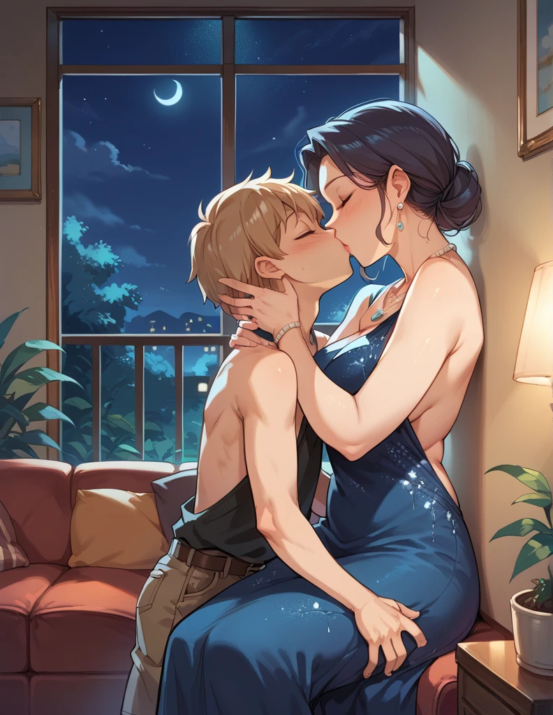 score_9, score_8_up, score_7_up, source_anime, 1boy, 1girl, mature female in a sexy backless revealing  dress, necklace, mother and son, kid, kissing , romantic, night time, in the living room, (against the wall)