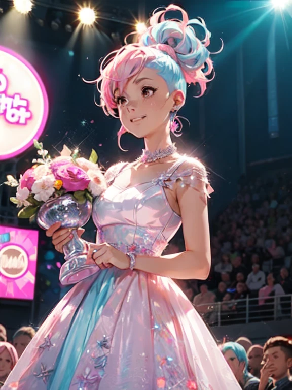 Award-Winning Moment, girl, solo, music, Award, stage, Trophy, illumination, The spectators cheer, Acceptance speech, Stylish outfit, Tears of joy. Mohawk, Side Cropped Hair, Pink and light blue hair, Light blue side hair, Earrings, undercut,crystalline dress