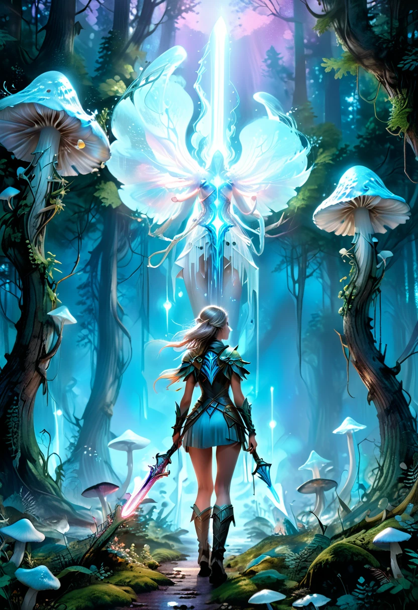 a beautiful tall female love-angel on a forest path, looking at the viewer, at twilight standing amidst ultra incredibly ultra large bio luminous ice-mushrooms, holding a blue-ice-sword that converts into a bow, medium shot, Ultra detailed illustration of a person lost in a magical world of wonders, glowy, translucent, transparent, bioluminescent flora, incredibly detailed, pastel colors, hand painted strokes, visible strokes, oil paint, art by Mschiffer, night, bioluminescence