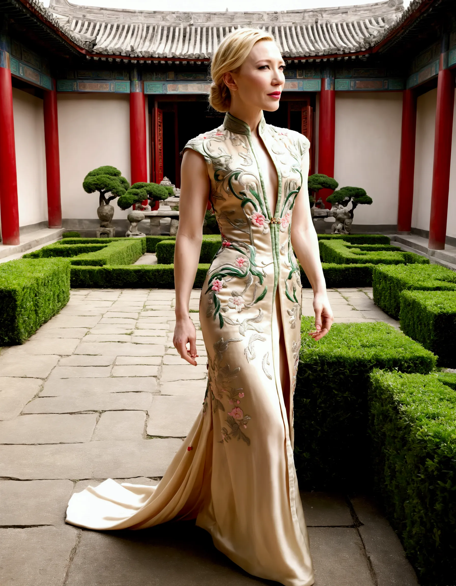 1 woman (cate blanchett, age 25, intricate silk chinese dress with lots of embroidery sheer with several large slits, no underwe...