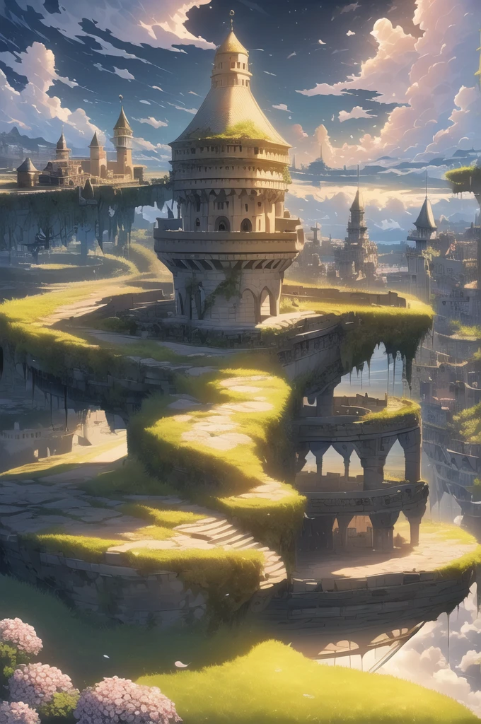 (Extremely detailed floating city:1.3), ((1 detailed mirage-castle floats above the clouds)and(Detailed floats minarets illusion, detailed floats belfry illusion)and(Highly transparent mirage)and(Detailed view of the base of the Mirage castle)),ultra-detailed,extremely detailed and beautiful, sky and white cloud and sunset glow background,ultra-detailed birds, (floating city in bloom, Floating petals, blooming gardens in the sky,  many vines on the wall:1.2)
Imagination, dream
/=
1 girl, (1 girl at floating city:1.3), (solo), (Super wide Angle lens), (back), behind head, white dress, (full body), (bare feet), (Backless dress), the girl away from camera, Holy Light,