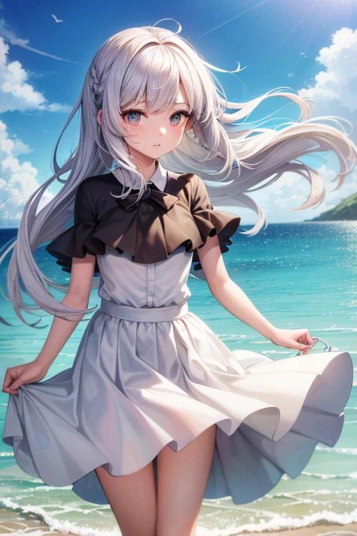 (master_piece, high_quality, beautiful, super delicate, absurdres:1.2), 1girl, mature, 16 years old, beautiful face, ahoge, hair fluttering in the wind, white hair, blue eye, (sundress suit, translucent fluttering long skirt, The wind is blowing, Skirt flipped up, I can see your underwear, skirt that flipped in the wind, skirt billowing, I can see your underwear, wind lift:1.2), port, (clear water, gemstone sea:1.2), Ship in the distance, The trails that planes make, blue sky, Sunshine, street in the distance,
