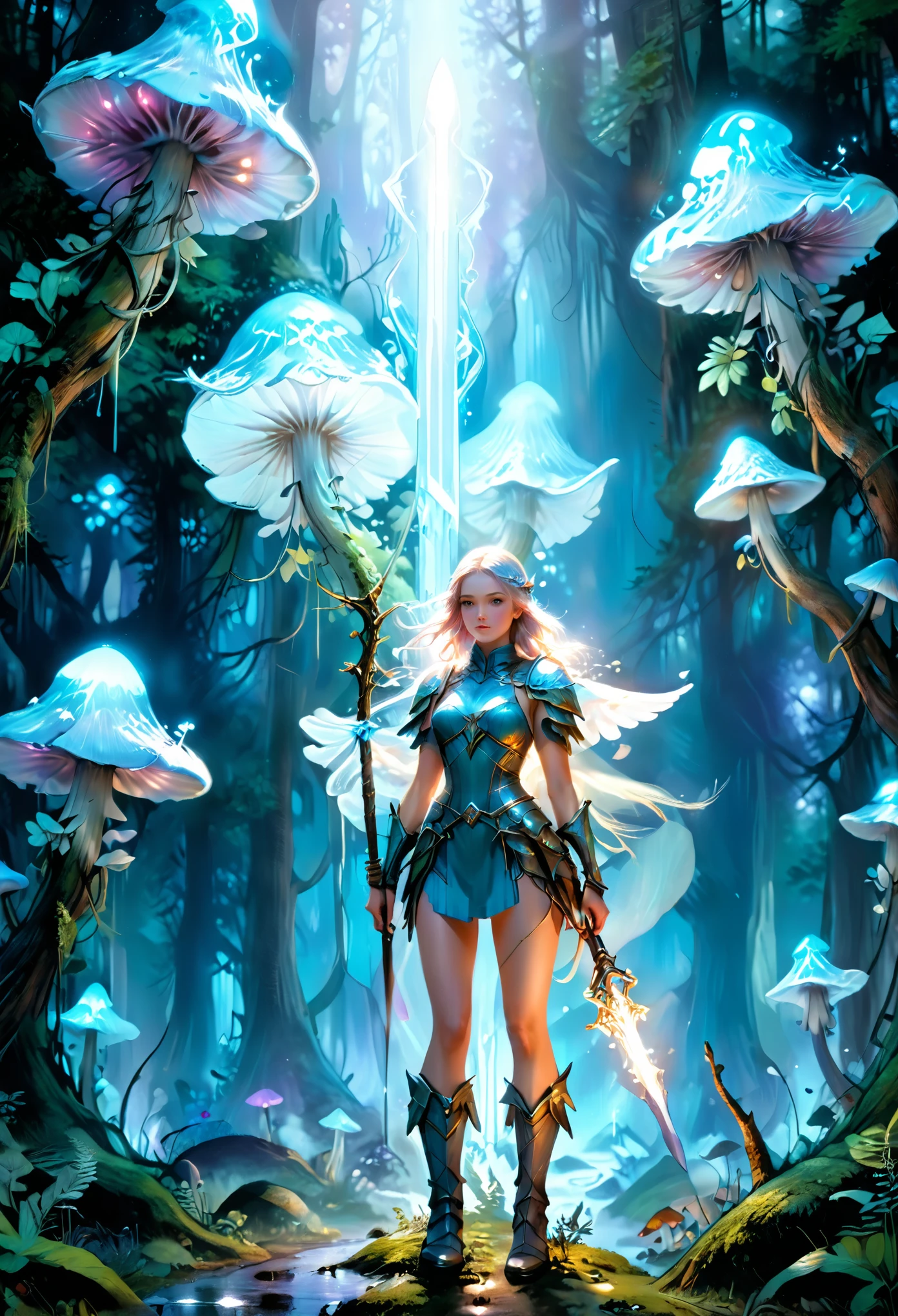 une belle grande femme ange d&#39;amour sur un chemin forestier, Regarder le spectateur, au crépuscule, debout au milieu de champignons de glace bio-lumineux ultra incroyablement grands, tenant une épée de glace bleue qui se transforme en arc, Coup moyen, Illustration ultra détaillée d&#39;une personne perdue dans un monde magique de merveilles, brillant, translucide, Transparent, flore bioluminescente, incroyablement détaillé, couleurs pastel, traits peints à la main, traits visibles, peinture à l&#39;huile, Illustration de Mschiffer, nuit, Bioluminescence