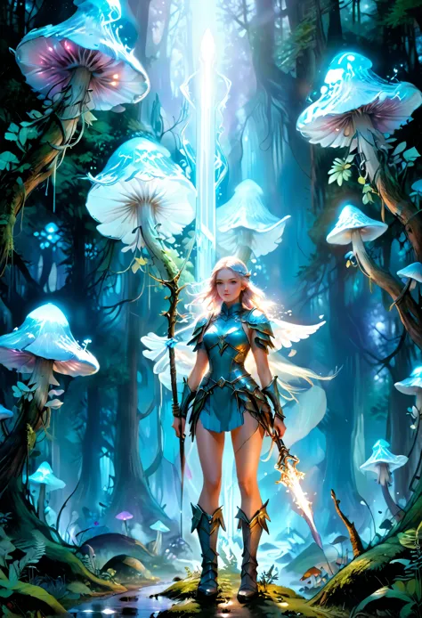 a beautiful tall female love-angel on a forest path, looking at the viewer, at twilight standing amidst ultra incredibly ultra large bio luminous ice-mushrooms, holding a blue-ice-sword that converts into a bow, medium shot, Ultra detailed illustration of a person lost in a magical world of wonders, glowy, translucent, transparent, bioluminescent flora, incredibly detailed, pastel colors, hand painted strokes, visible strokes, oil paint, art by Mschiffer, night, bioluminescence
