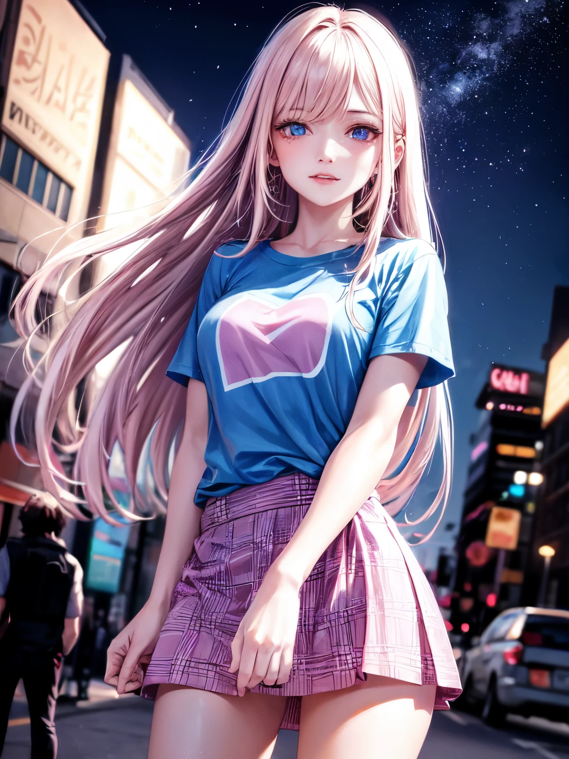 1girl,solo,,smile,light pink long hair,blue eyes,t shirt,miniskirt,cowboy shot,detailed background,4k,moody ligit,night,stars,city,best quality, masterpiece,
super fine illustration, high resolution,
detailed face,detailed eyes,