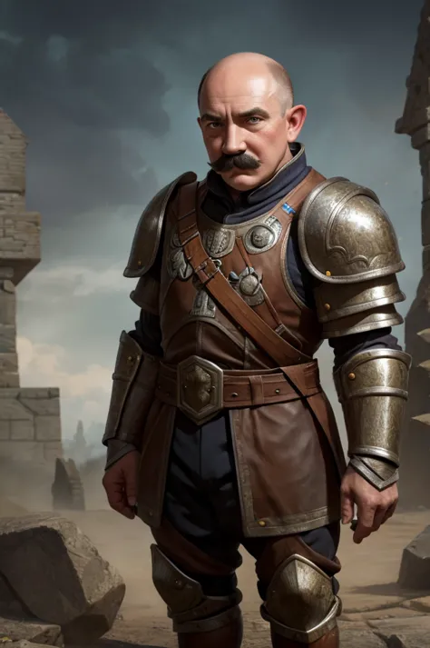 a bald dwarf with adolf hitler mustache in an armor