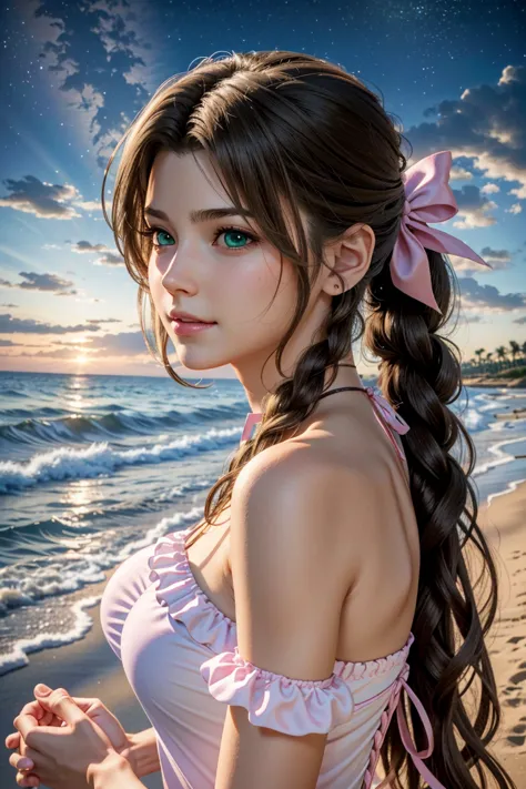 
Aerith,FF7, Long Hair, bangs, Brown Hair, bow, ribbon, jewelry, Green Eyes,  hair ピンクribbon, Braiding, hair bow, Side Lock, cho...