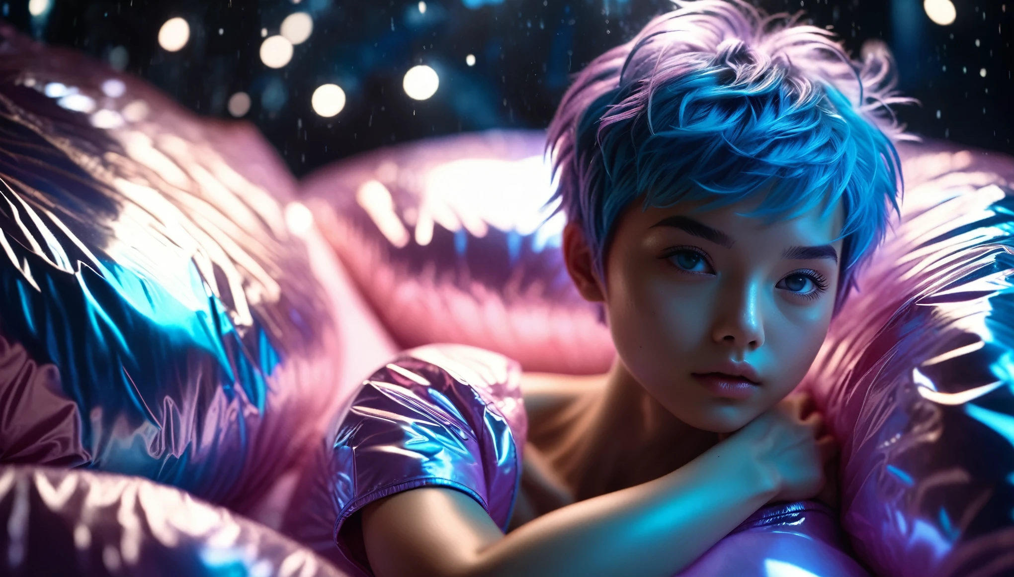 Top Quality, Masterpiece, High Resolution, 8k, ((2 cute girls kissing in a light pink blue open shiny puffer, short sleeves, wide neckline, deep neckline, small perky breasts, extremely detailed face, detailed slightly open eyes, beautiful detailed lips, short asymmetrical pixie hair, small hips)), in a spaceship, on bed, intricate details, at night, backlit, random neon color, full body shot, view from distance, random pose