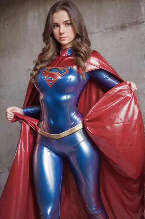 14 year old girl, sexy, big breasts, wearing a metallic latex supergirl suit, cape, skirt, and hair flowing. extra details: red ...