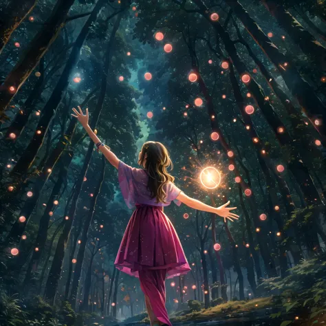 (masterpiece, best quality:1.2), girl reaching for an energy orb among tall trees in fantasy forest full of fireflies