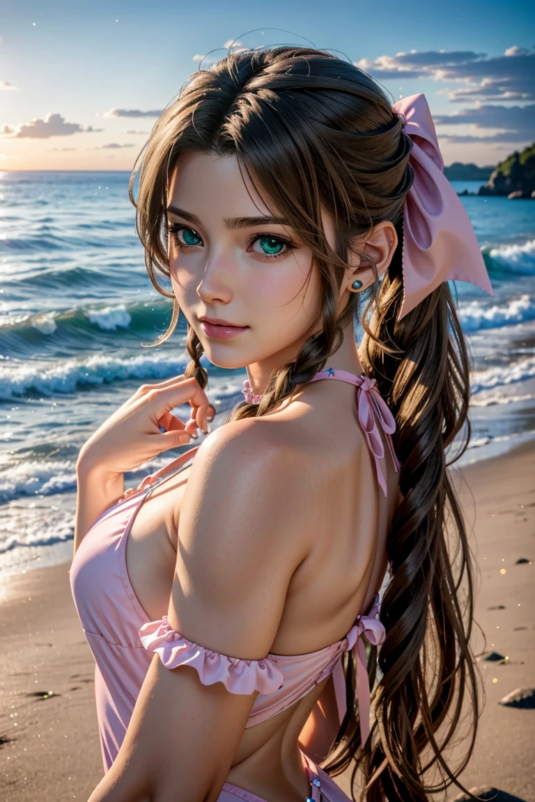 
Aerith,FF7, Long Hair, bangs, Brown Hair, bow, ribbon, jewelry, Green Eyes,  hair ピンクribbon, Braiding, hair bow, Side Lock, choker, necklace, lips, parted bangs, pink bow, Portraiture, Realistic,Super high quality,high quality,masterpiece,Digital SLR,Detailed explanation,Exquisite details,Anatomical basis,Detailed Description,Detailed face,Realistic skin texture,Sharp details,Perfect Anatomy,Perfect Anatomy,Anatomically correct hand,Anatomically correct fingers,Super Detail,Complex 3D rendering,Sexy pose,The beautiful world of Final Fantasy 7,Pink ruffled swimsuit,Wet,night,美しいnight空,A beach with a beautiful starry sky,shooting star,Fantastic beaches,Fantasy worldview,Picturesque,Pink Lips,smile,