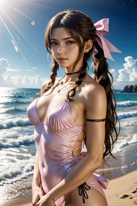 aerith,ff7, long hair, bangs, brown hair, bow, ribbon, jewelry, green eyes,  hair ピンクribbon, braiding, hair bow, side lock, chok...