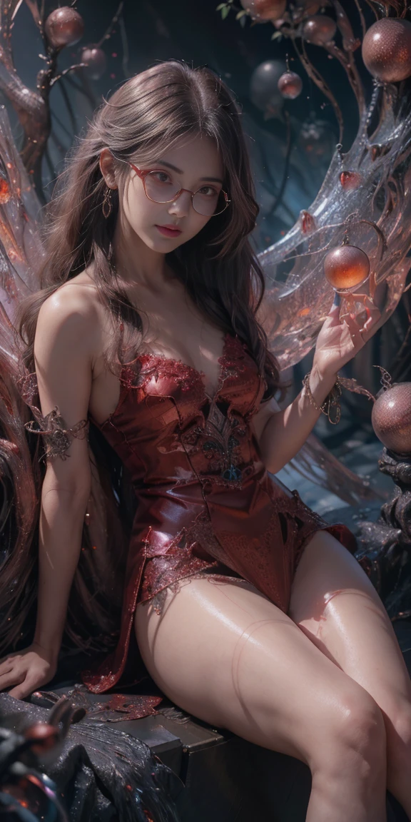 (The best illustrations)、realisitic、ultra-detailliert、The best lighting、Best Shadows、alluring succubus, ethereal beauty, perched on a cloud, (fantasy illustration:1.3), enchanting gaze, captivating pose, delicate wings, otherworldly charm, mystical sky, (Luis Royo:1.2), (Yoshitaka Amano:1.1), Dungeon and Dragon、caves、Dungeon、 A Necromancer、natta、Dark style、Succubus、Devil's Daughter、Bat Wings，(((Demon Hornlack-rimmed round glasses))))、(red eyes glowing:1.6)、​beautiful countenance、Tindall Effect、(High Detail Skins:1.2) absurderes、Ponytail distortion、jewely、Beautiful expression、Toned waist、Wide buttocks、Tindall Effectmasuter piece、top-quality、Highest Standards、Top image quality、masutepiece、intricate detailes、High resolution、Depth Field、natural soft light、profetional lighting、Great smile、(High Detail Skin: 1.2)、photorealistic anime girl render、Strong highlights of the eyes、Perfect Anatomy、crotch open、Shy、Spreading your legs、Panties are visible、Skirt flipping、Body shiny with oilerectile nipple))、8K resolution、intricate clothing、Intricate details、Panties visible through the skirt、Panties in full view、Small panties, pink nipple, pink pussy