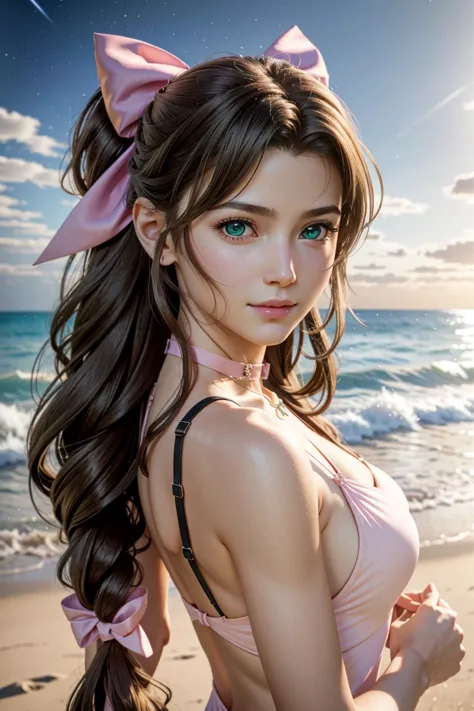 
Aerith,FF7, Long Hair, bangs, Brown Hair, bow, ribbon, jewelry, Green Eyes,  hair ピンクribbon, Braiding, hair bow, Side Lock, cho...