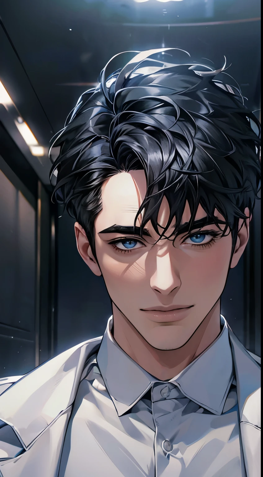 (best quality,4k,8k,highres,masterpiece:1.2),ultra-detailed,(realistic,photorealistic,photo-realistic:1.37),1 man,31 years old,mature man,very handsome,without expression,smile,short grey black hair,blue eyes,penetrating gaze,perfect face without errors,imposing posture,businessman,office background,cinematic lighting,hdr image