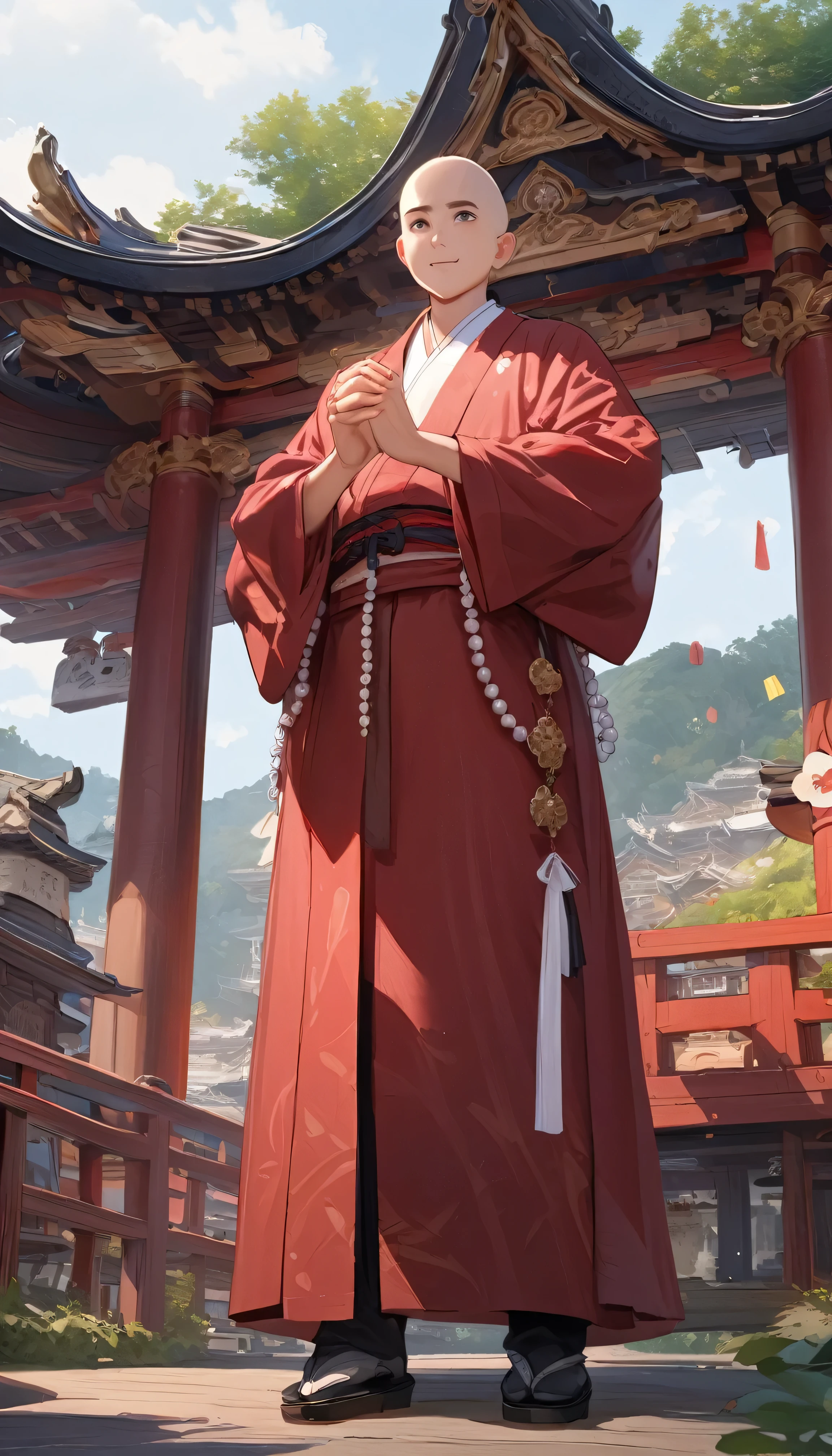 quality\(masterpiece, best quality,8k,wallpaper of extremely detailed CG unit,hight resolution,top-quality,top-quality real texture skin,hyper realisitic,increase the resolution,RAW photos,best qualtiy,highly detailed,the wallpaper\), BREAK ,solo,1boy\(Buddhist,bald head,20 years old, (big eyes),shiny eyes,cute,black eyes, japanese, japanese traditional clothes, Buddhist priest’s stole, flesh body,smile, (beautiful clothes:1.3), full body, very strict, contrapposto, putting palms together, (chanting mantra:1.4), holding juzu\(prayer beads\)\),at Buddhist shrine,(beautiful day:1.3),long shot, landscape, dynamic angle