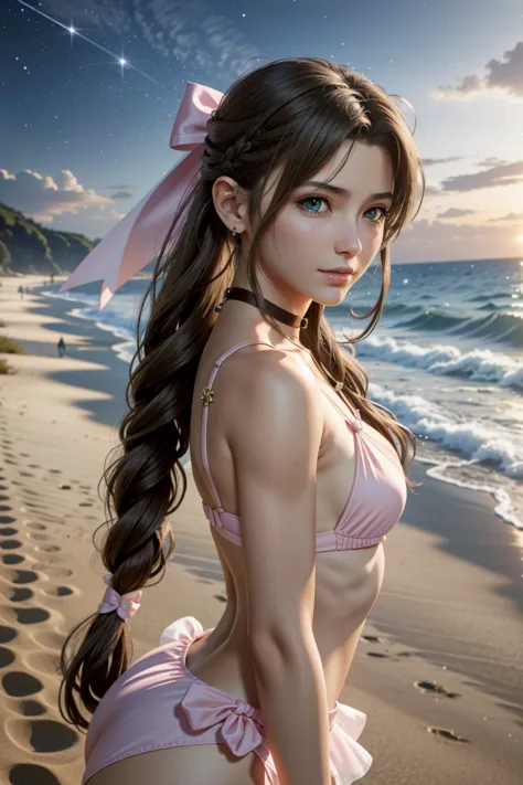 
Aerith,FF7, Long Hair, bangs, Brown Hair, bow, ribbon, jewelry, Green Eyes,  hair ピンクribbon, Braiding, hair bow, Side Lock, cho...