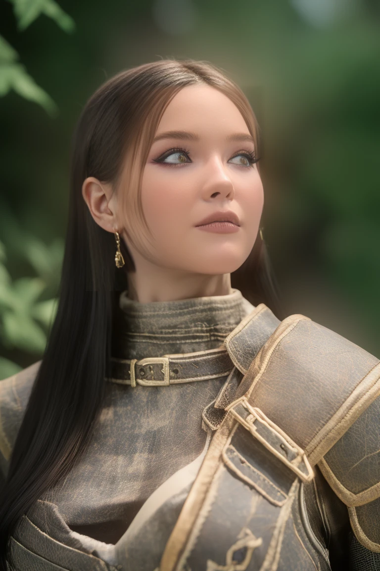 1 名女孩, 傑作, 32號, 女性布列塔尼人 beauty sits outdoors in a rustic Skyrim village, 周圍環繞著茅草屋頂和鬱鬱蔥蔥的綠色植物. 當她直視相機鏡頭時，陽光在她陶瓷般的皮膚上投射出溫暖的光芒, 她銳利的綠眼睛閃爍著一絲惡作劇的光芒. 她烏黑的長髮像瀑布一樣從背上傾瀉而下, 勾勒出她的心形臉. 她的嘴唇上掛著溫柔的微笑, 邀請觀眾走進她異想天開的世界. 金髮, 健美身材, 天際風格, (女性正面圖:1.3), 看著觀眾.,穿著輕甲, 女性布列塔尼人